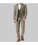 3 Piece Tweed Suit Beige Herringbone Check for Men