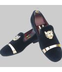 Black Velvet Loafers Slippers With Gold Buckle