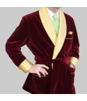 Maroon Velvet Smoking Jacket With Yellow Quilted Lapel & Cuffs