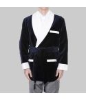 Navy Blue Velvet Smoking Jacket Robe With White Collar and Cuffs