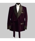 Purple Velvet Smoking Jacket Robe With Quilted Lapel & Cuffs