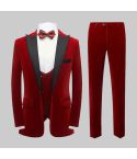 VELVET 3 PIECE SUITS TUXEDO DINNER JACKET VEST PANTS SUIT SET RED