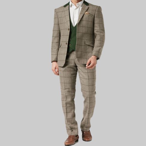 3 Piece Tweed Suit Beige Herringbone Check for Men