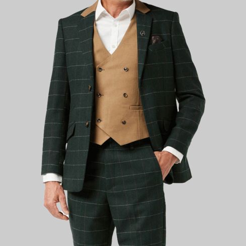 3 Piece Tweed Suit Olive Green Herringbone Check for Men
