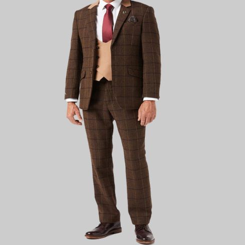 3 Piece Tweed Suit Tan Herringbone Check for Men