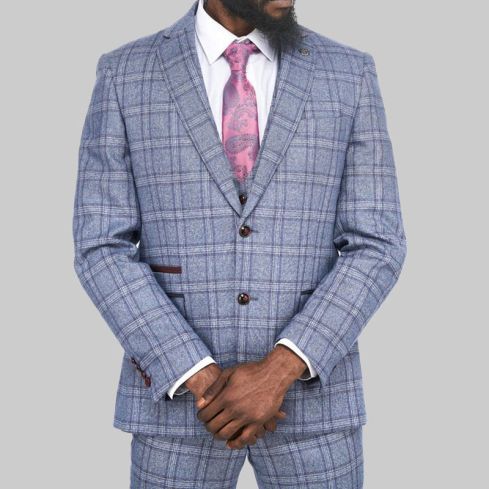 Abbott Blue Tweed Check Three Piece Suit For Men
