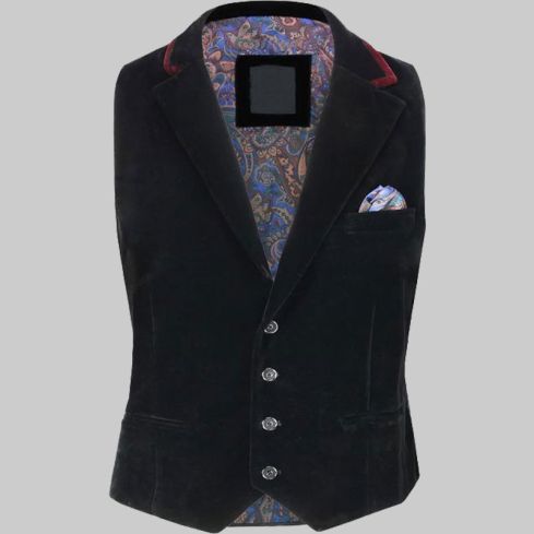 Black Velvet Collar Waistcoat for Men