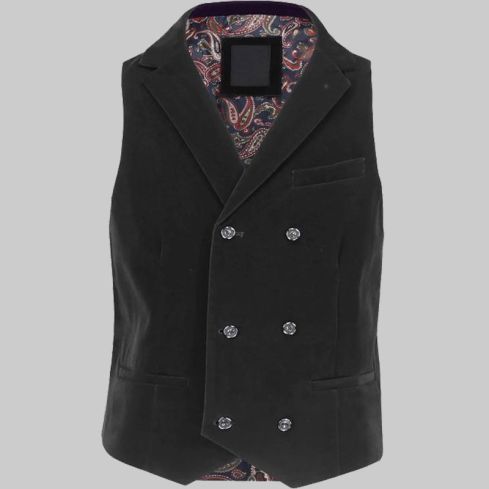 Black Velvet Double Breasted Collar Waistcoat