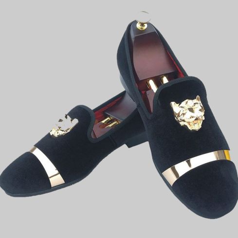 Black Velvet Loafers Slippers With Gold Buckle