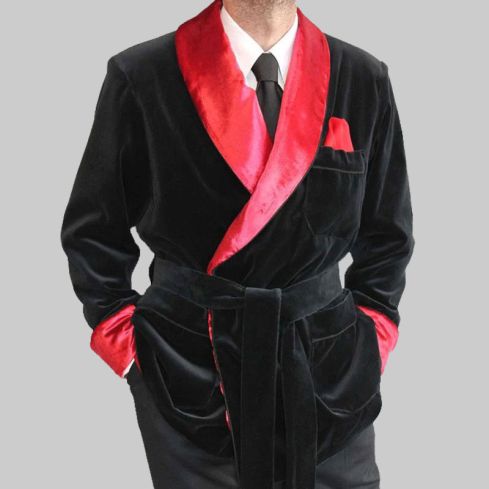 Black Velvet Smoking Jacket Robe With Red Velvet Collar & Cuffs