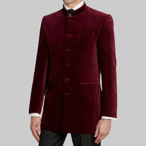 Burgundy Nehru Collar Velvet Jacket for Men