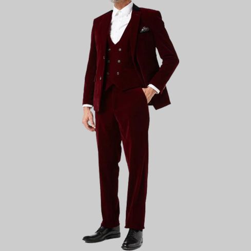Burgundy Velvet 3 Piece Wedding Suit for Men