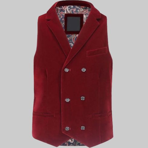 Burgundy Velvet Double Breasted Collar Waistcoat