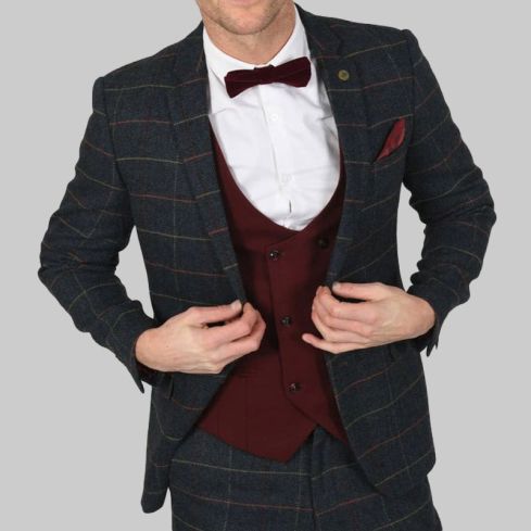 Eton Blue Tweed Suit With Wine Waistcoat for Men
