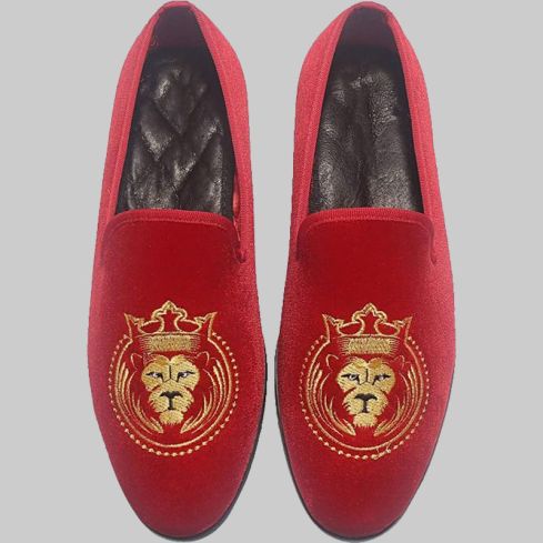 Fashion Embroidered Velvet Loafer Red for Men