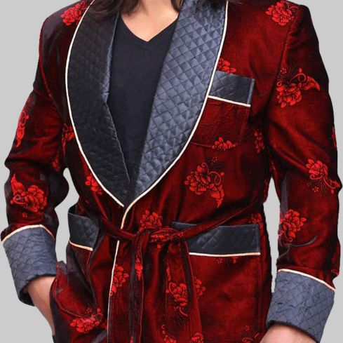 Floral Velvet Smoking Jacket Robe With Quilted Collar & Cuffs