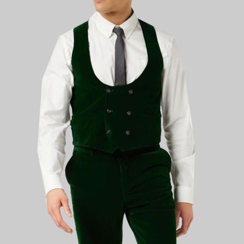 Green Low U Cut Velvet Waistcoat for Men