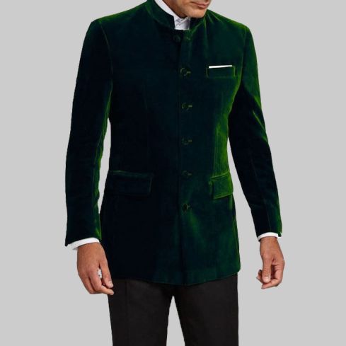 Green Nehru Collar Velvet Jacket