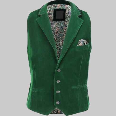 Green Velvet Collar Waistcoat for Men