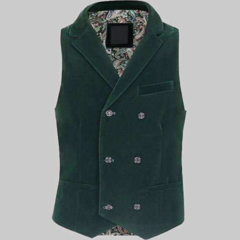 Green Velvet Double Breasted Collar Waistcoat