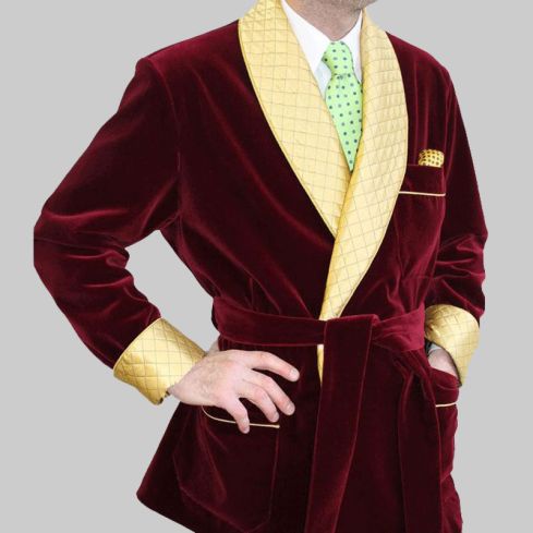 Maroon Velvet Smoking Jacket With Yellow Quilted Lapel & Cuffs