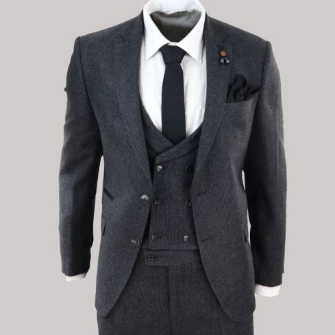 Mens Wool 3 Piece Charcoal  Double Breast Waistcoat Tweed