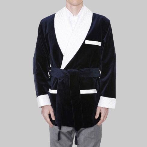 Navy Blue Velvet Smoking Jacket Robe With White Collar and Cuffs