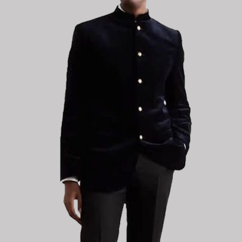 Nehru Collar Navy Velvet Tuxedo Jacket for Men