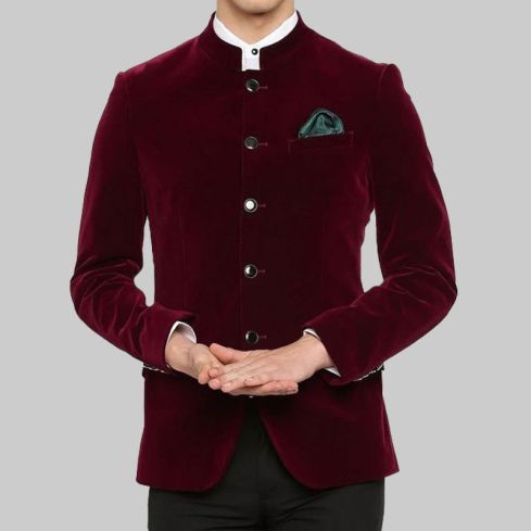 Nehru Maroon Ethnic Wear Velvet Jacket for Men