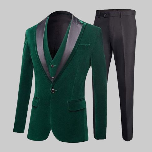 One Button Green 3 Piece Suit Velvet Jacket