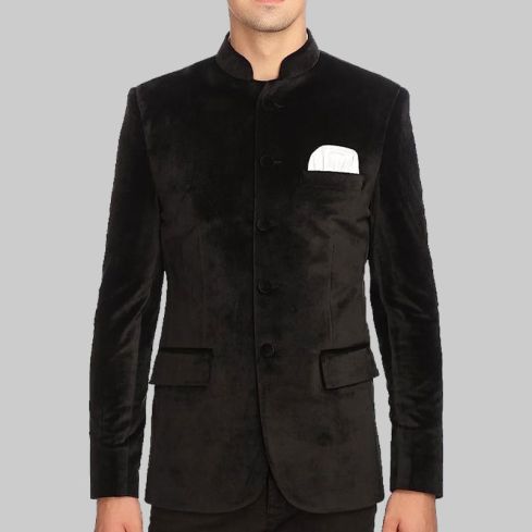 Premium Black Velvet Nehru Collar Blazer Jacket