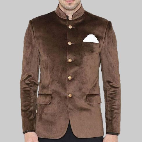 Premium Brown Velvet Nehru Collar Blazer Jacket