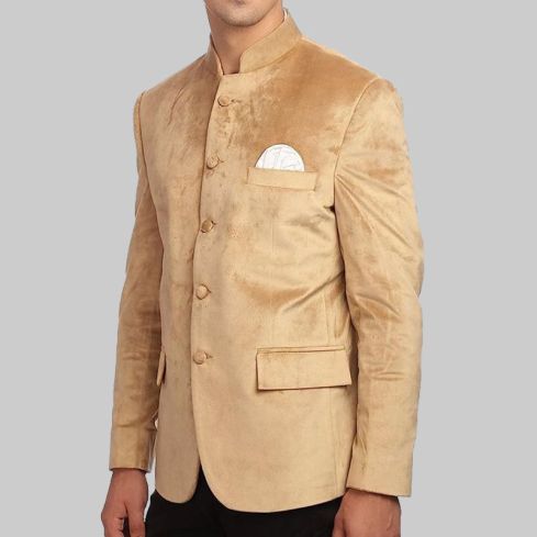Premium Camel Velvet Nehru Collar Blazer Jacket