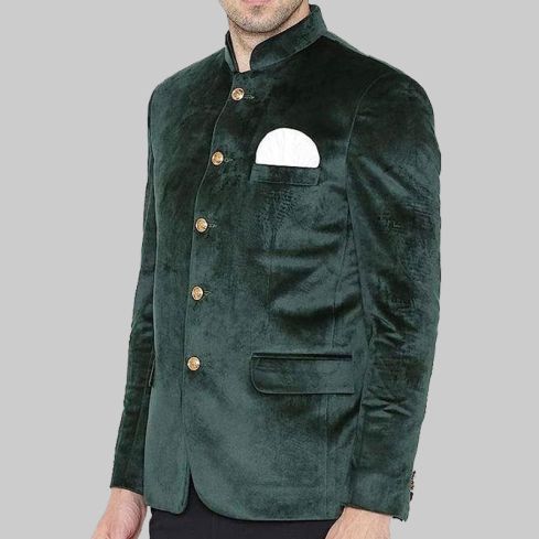 Premium Green Velvet Nehru Collar Blazer Jacket