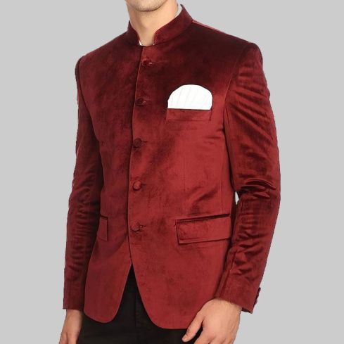 Premium Maroon Velvet Nehru Collar Blazer Jacket