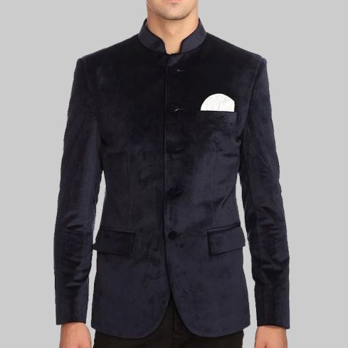 Premium Navy Velvet Nehru Collar Blazer Jacket