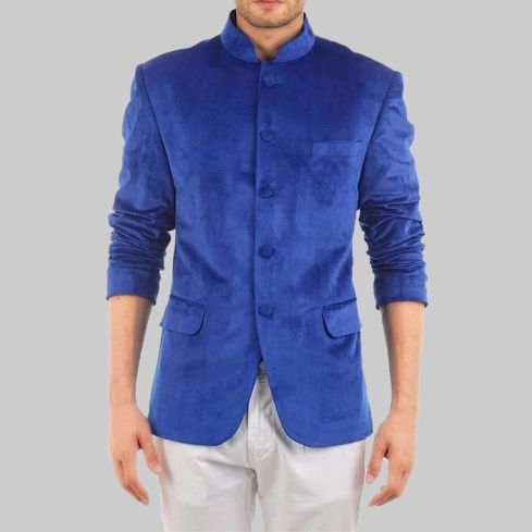 Premium Royal Blue Velvet Nehru Collar Blazer Jacket