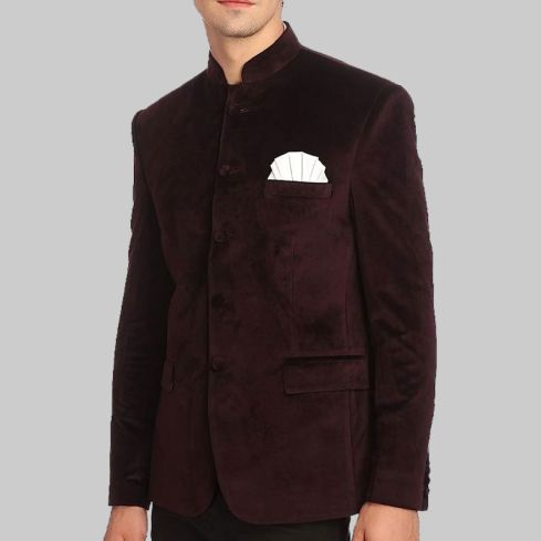 Premium Wine Velvet Nehru Collar Blazer Jacket