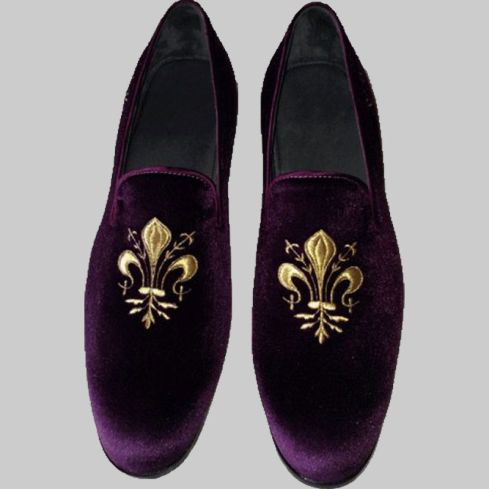 Purple Velvet Loafer Embroidered Slipper for Men
