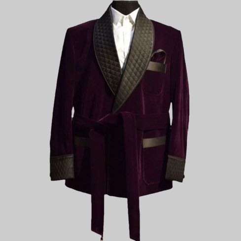 Purple Velvet Smoking Jacket Robe With Quilted Lapel & Cuffs