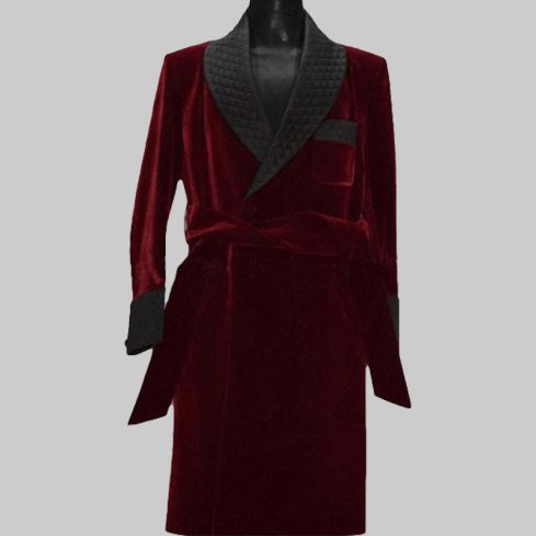 Quilted Burgundy Velvet Smoking Jacket Robe for Men