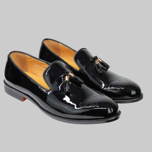 Real Leather Black Patent Tassel Loafers for Men