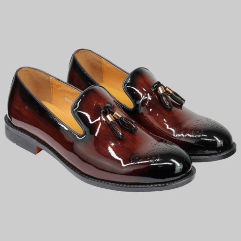 Real Leather Brown Patent Tassel Loafers for Men