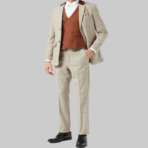 Theo Tweed Herringbone Red Check on Beige for Men