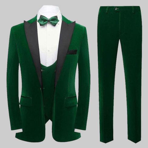 Velvet 3 Piece Suit Dinner Jacket Vest Pants Suit Set Green