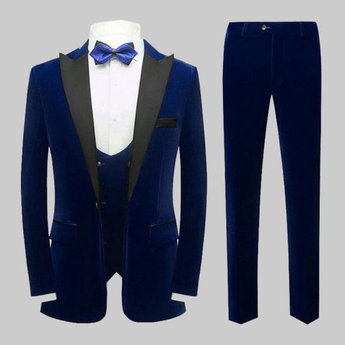 Velvet 3 Piece Suits Peaked Lapel One Button Blue Jacket