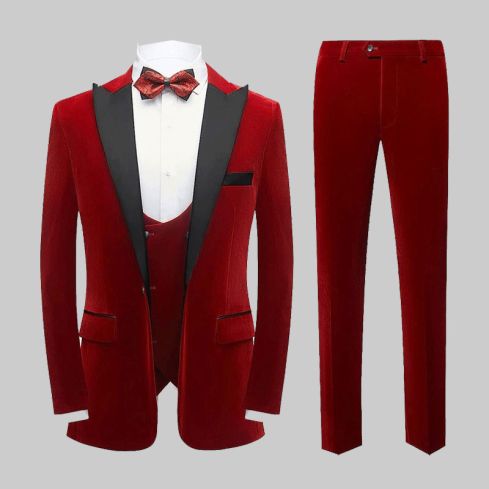 VELVET 3 PIECE SUITS TUXEDO DINNER JACKET VEST PANTS SUIT SET RED