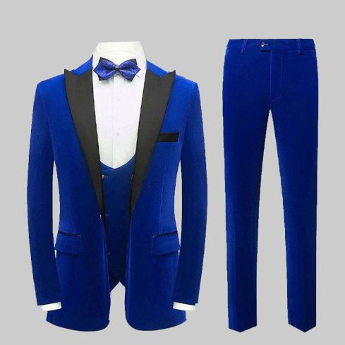 Velvet 3 Piece Suits Vest Pants Suit Set Royal Blue